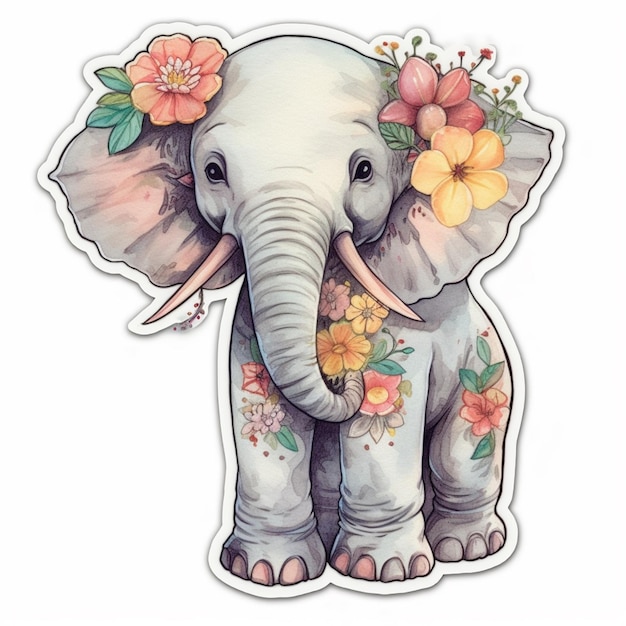 Il y a un autocollant d'un éléphant avec des fleurs sur sa tête ai générative