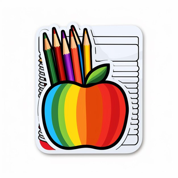 Il y a un autocollant avec une pomme arc-en-ciel et des crayons dedans.