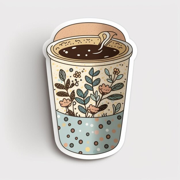 Il y a un autocollant d'une tasse de café avec un dessin de fleur génératif ai