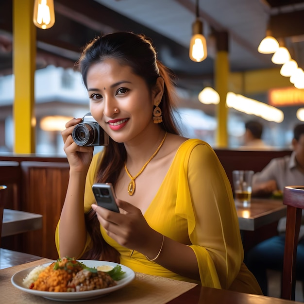 Il y avait une femme népalaise de 27 ans assise dans un restaurant, capturant avec impatience des photos du de