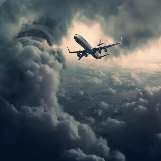 Il y a un avion volant à travers les nuages dans le ciel ai génératif