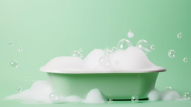 il y a une baignoire avec des bulles de savon sur fond vert ai générative
