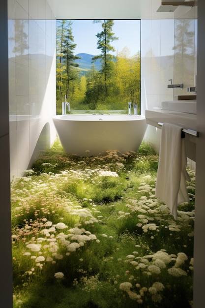 il y a une baignoire dans une salle de bain avec une grande fenêtre ai générative