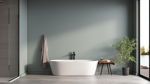 Photo il y a une baignoire dans une salle de bain avec une plante dans le coin.