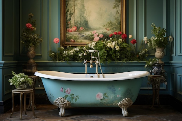 Photo il y a une baignoire avec des fleurs dans une pièce avec des murs bleus.