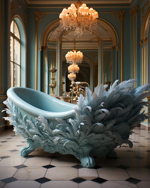 Photo il y a une baignoire avec une grande décoration en plumes bleues sur elle.