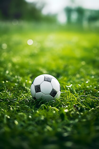 Il y a un ballon de football assis sur l'herbe dans le champ IA générative