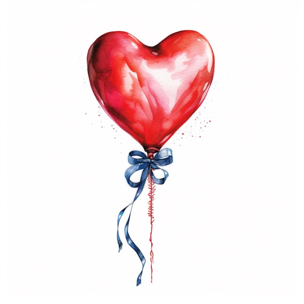 Il y a un ballon en forme de coeur rouge avec un ruban bleu ai génératif