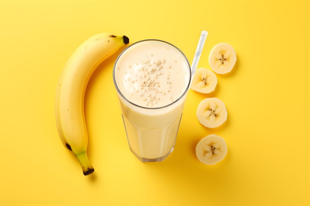 Photo il y a une banane et un verre de lait sur une surface jaune ia générative