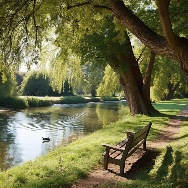 Il y a un banc assis sur la rive d'une rivière générative ai