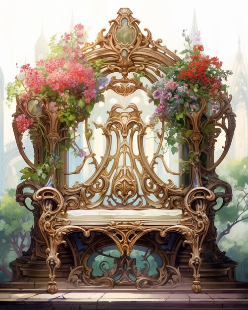 Il y a un banc d'or avec des fleurs devant une peinture générative ai