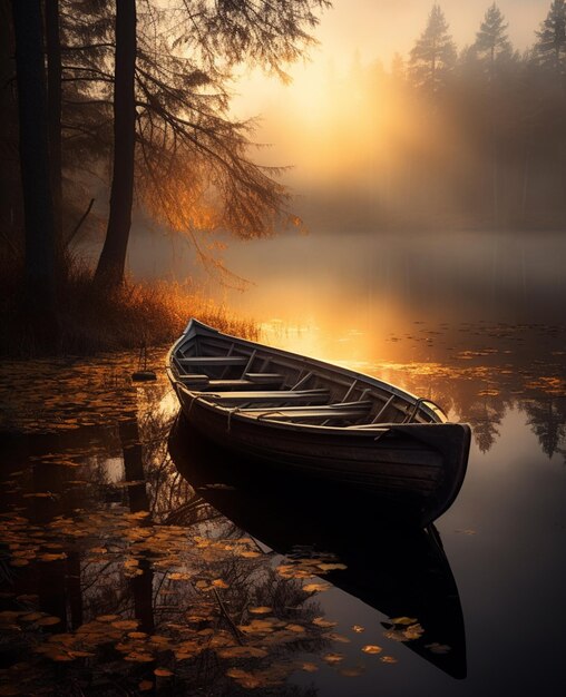 il y a un bateau qui est assis sur l'eau dans le brouillard ai générateur