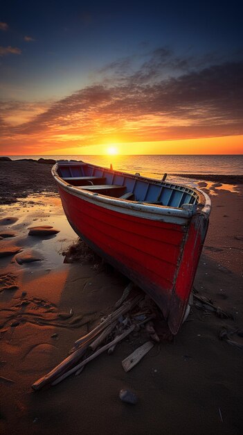 Il y a un bateau rouge assis sur la plage au coucher du soleil.