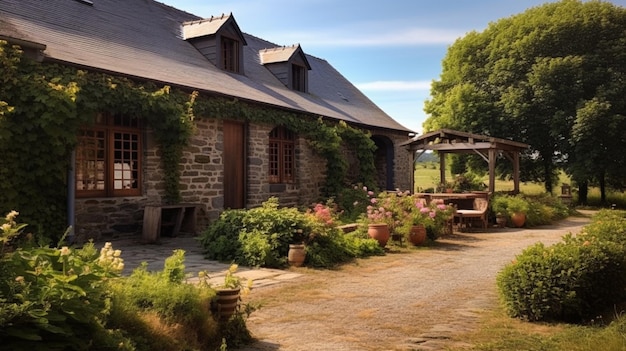 Il y a un bâtiment en pierre avec une table et des chaises en face de lui.