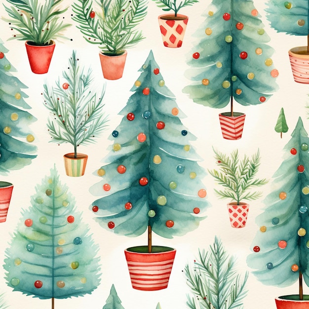 Il y a beaucoup d'arbres de Noël et de plantes en pot sur le mur.