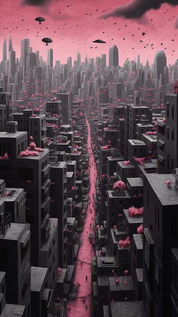 Il y a beaucoup de bâtiments dans la ville avec des nuages roses dans le ciel générative ai