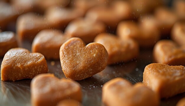 Il y a beaucoup de biscuits en forme de cœur sur une table avec de l'eau générative ai