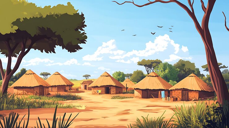 Photo il y a beaucoup de cabanes au milieu d'une route de terre