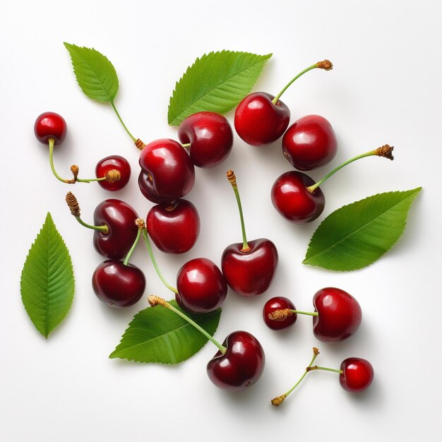 il y a beaucoup de cerises sur la table avec des feuilles dessus ai générative