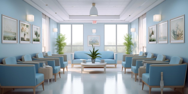 Il y a beaucoup de chaises et de tables dans une pièce aux murs bleus générative ai