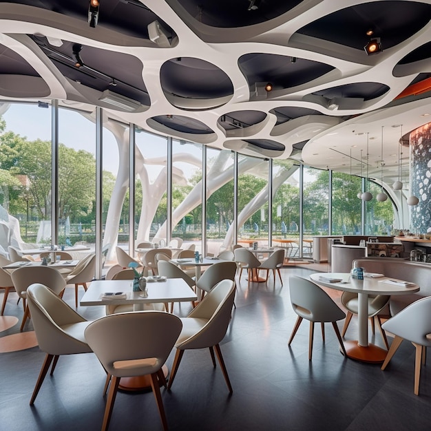 Il y a beaucoup de chaises et de tables dans ce restaurant avec une vue sur la ville générative ai