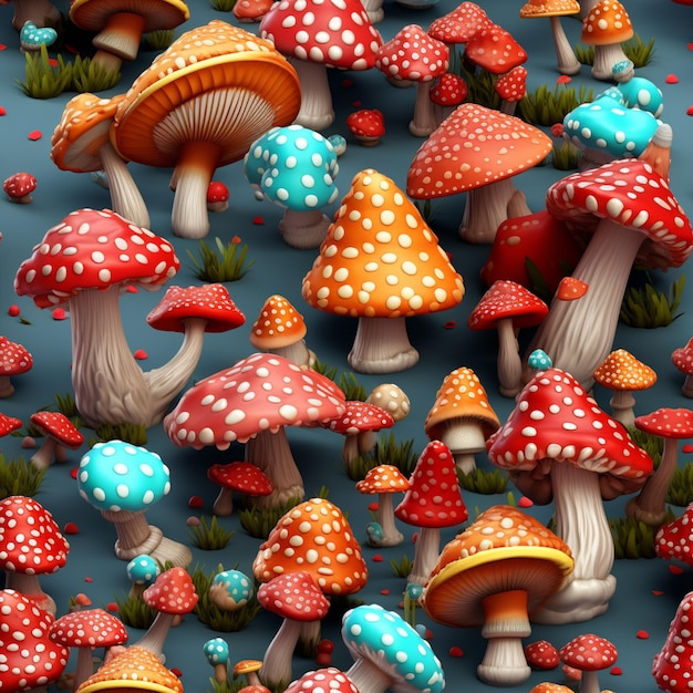 il y a beaucoup de champignons de couleurs différentes sur une surface bleue ai générative