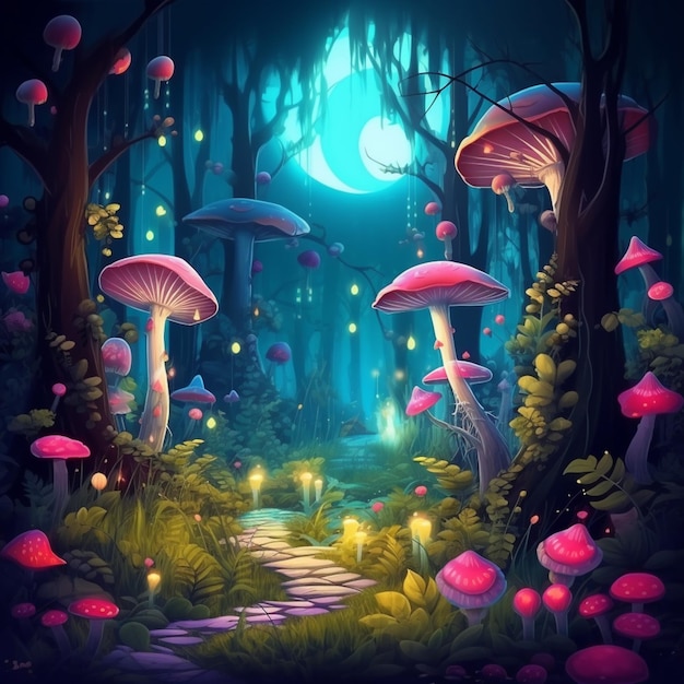 Il y a beaucoup de champignons qui sont dans les bois la nuit générative ai