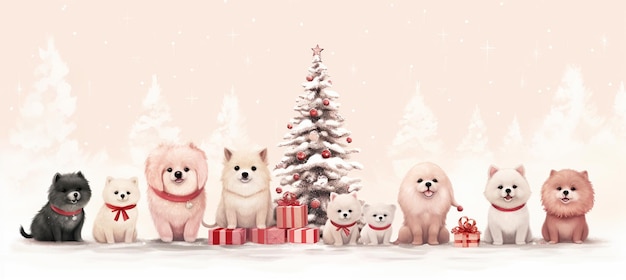 il y a beaucoup de chiens qui se tiennent devant un arbre de Noël ai génératif