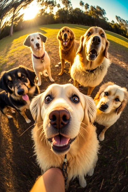 Photo il y a beaucoup de chiens qui se tiennent ensemble dans l'herbe générative ai