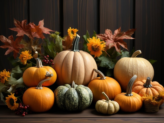 Il y a beaucoup de citrouilles et de gourds sur une table générative ai