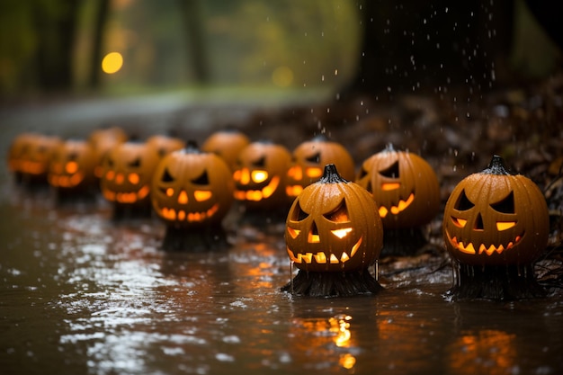 il y a beaucoup de citrouilles sculptées qui sont assises dans l'eau ai générative