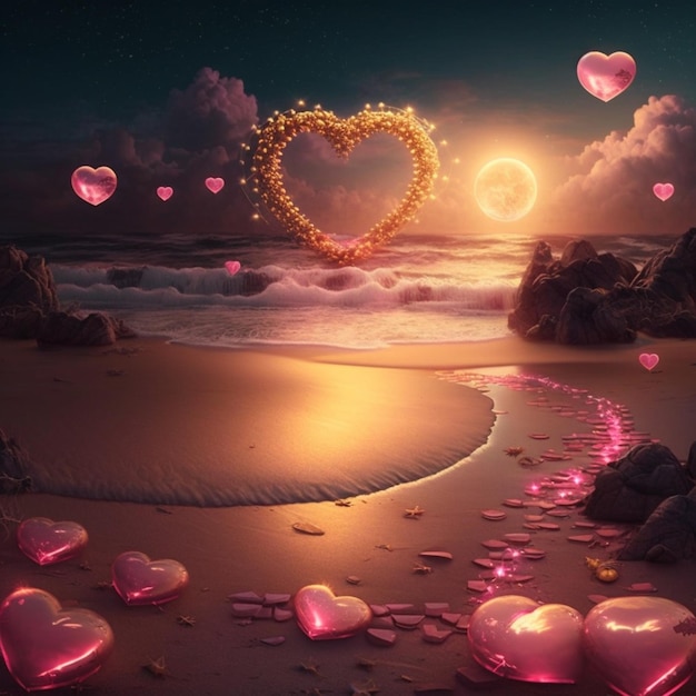 il y a beaucoup de cœurs qui sont sur la plage la nuit IA générative