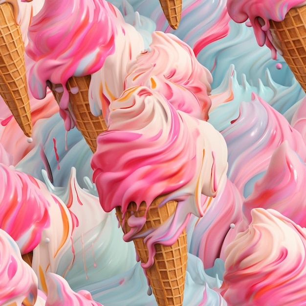 Il y a beaucoup de cônes de crème glacée avec des couleurs différentes sur eux.