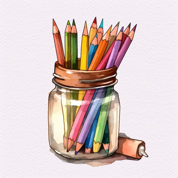 Photo il y a beaucoup de crayons de couleur dans un bocal avec un rouleau de papier ai génératif