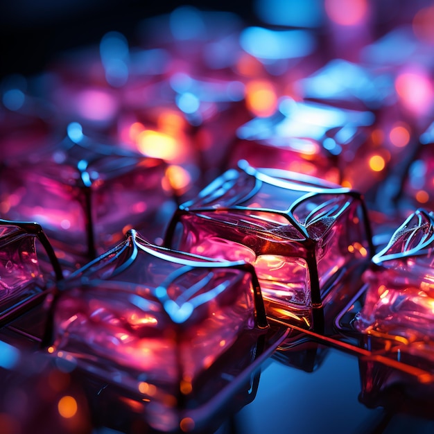 Il y a beaucoup de cubes de glace roses assis sur une table générative ai