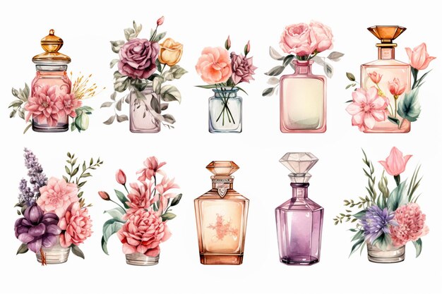 Il y a beaucoup de différents types de bouteilles de parfum avec des fleurs en eux.