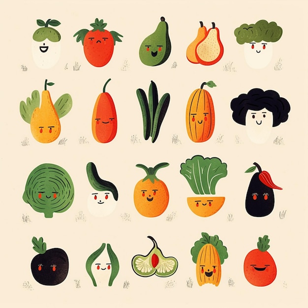 Il y a beaucoup de différents types de légumes avec des visages sur eux.