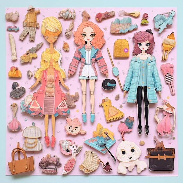 Photo il y a beaucoup de différents types de poupées et d'accessoires sur un fond rose.