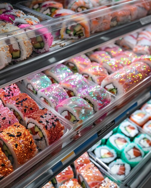 Photo il y a beaucoup de différents types de sushi dans la vitrine générative ai