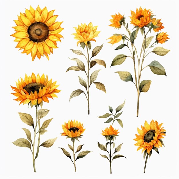 Il y a beaucoup de différents types de tournesols sur le fond blanc génératif ai