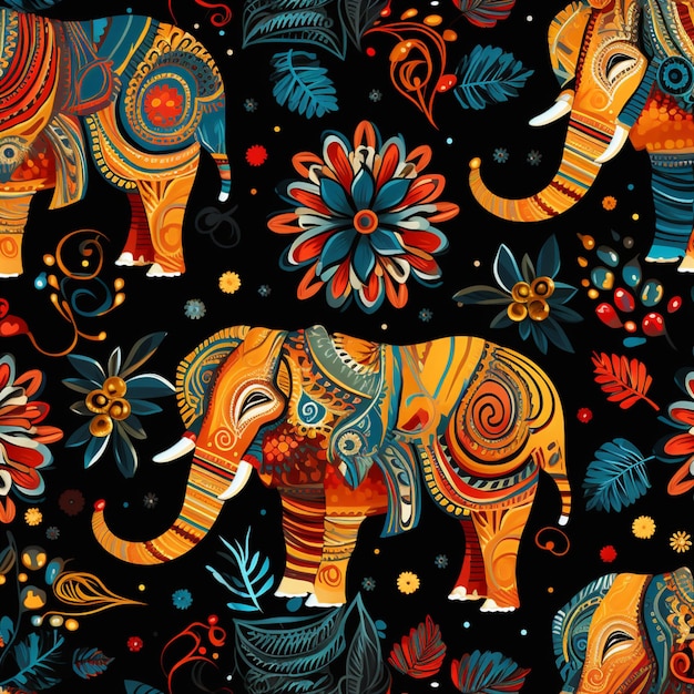 il y a beaucoup d'éléphants avec des motifs colorés sur un fond noir ai générative