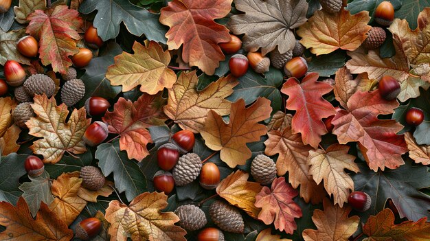 Photo il y a beaucoup de feuilles de différentes couleurs et de glands sur le sol.