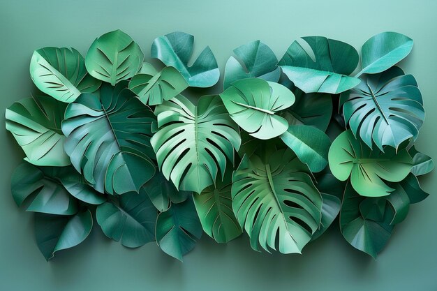 Il y a beaucoup de feuilles vertes sur un mur avec un fond vert génératif ai