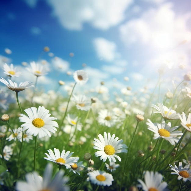 Il y a beaucoup de fleurs blanches dans un champ avec un ciel bleu génératif ai