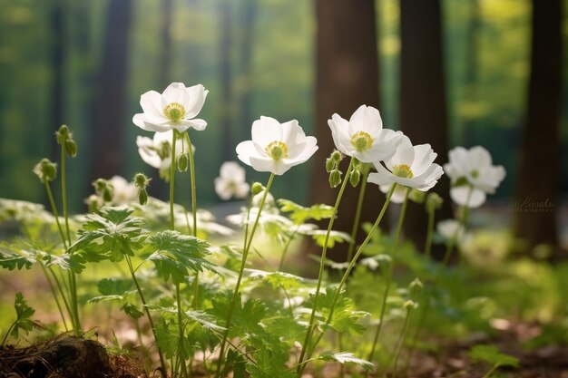 il y a beaucoup de fleurs blanches dans la forêt au sol ai génératif