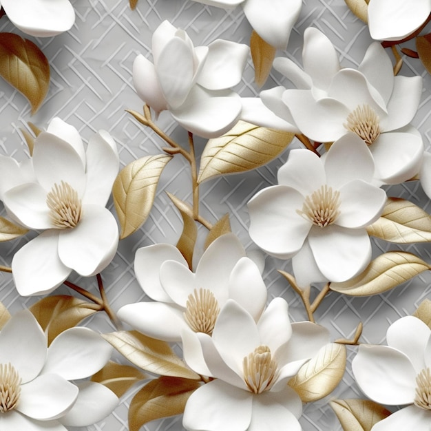 Il y a beaucoup de fleurs blanches avec des feuilles d'or sur une table générative ai