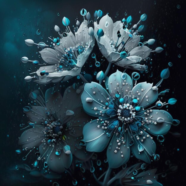 Il y a beaucoup de fleurs bleues avec des gouttelettes d'eau sur eux générative ai