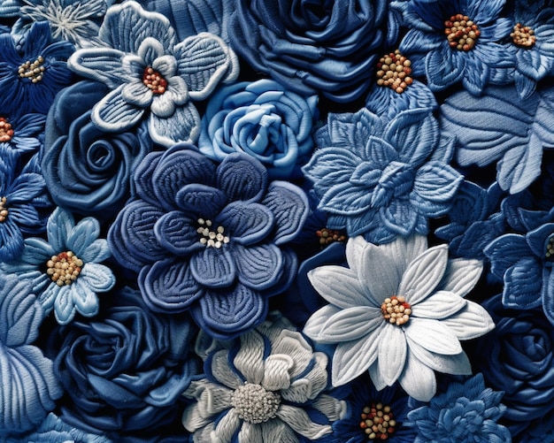 il y a beaucoup de fleurs bleues sur un mur ai génératif