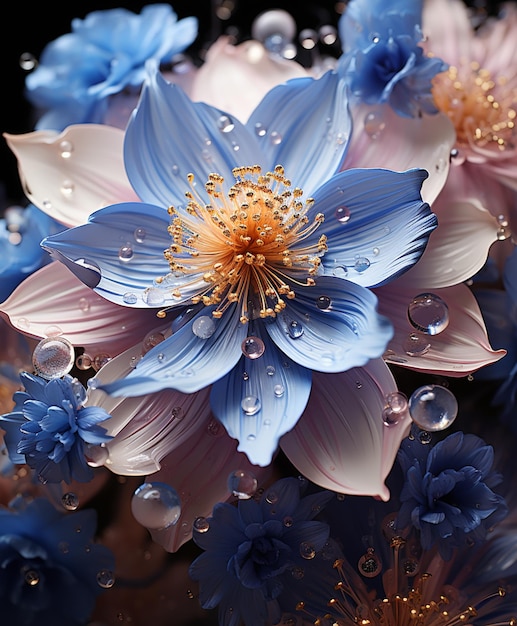 il y a beaucoup de fleurs bleues et roses avec des gouttelettes d'eau dessus ai générative