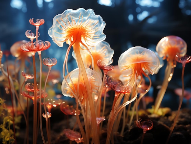 Il y a beaucoup de fleurs comme de la gelée qui poussent du sol.